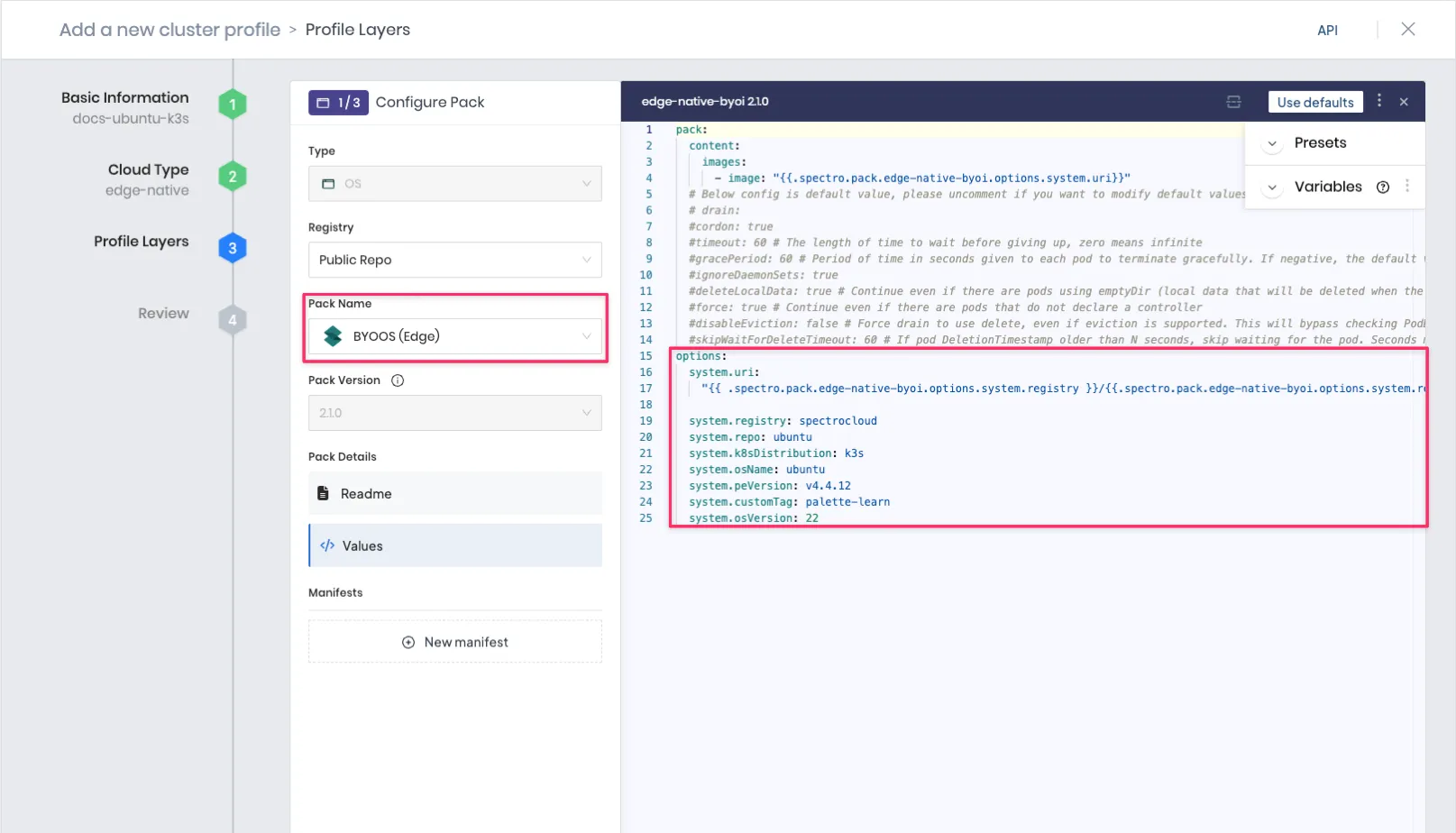 Screenshot of a sample cluster profile&#39;s OS layer 
